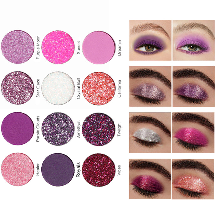 12 Colors Bright Glitter Eyeshadow Palette Natural High Pigmented Purple Pink Makeup Colorful Vibrant Make Up Pallets Kit (12 Colors Purple)