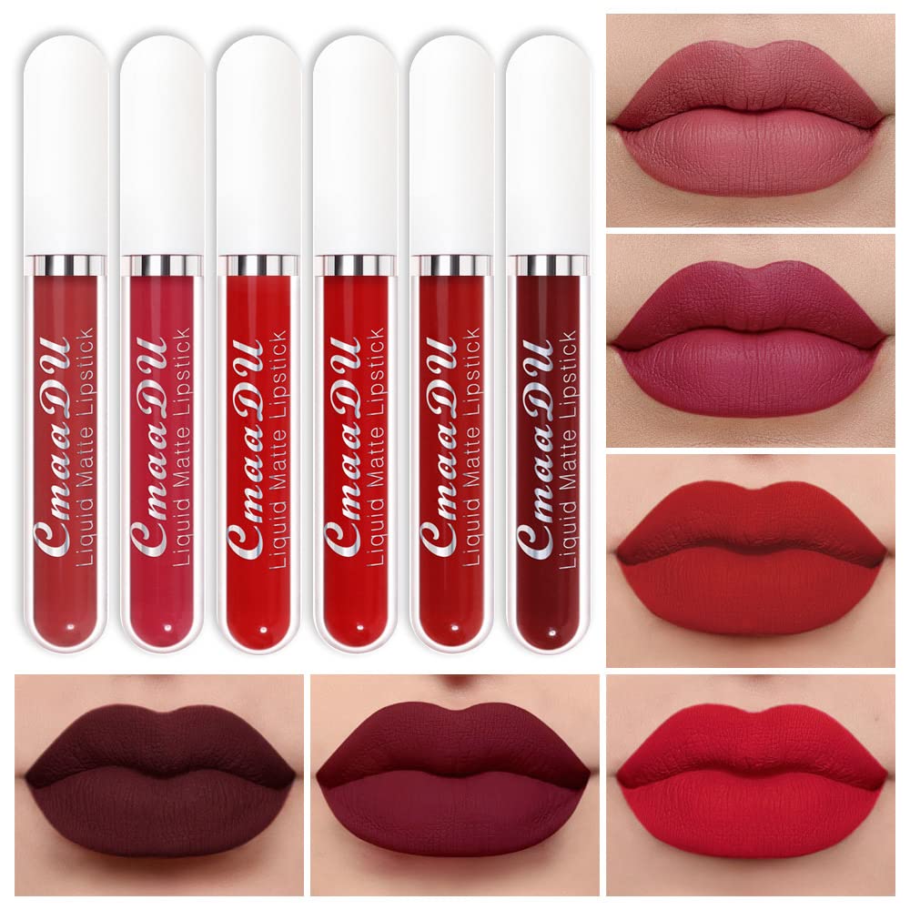CmaaDu 6Pcs Matte Liquid Lipstick Set labiales mate 24 horas originales matte larga duracion 24, Deep Dark Red Stay on Matte Lipstick Long Lasting 24 and Waterproof Permanent Lipsticks 24 Hours A-07