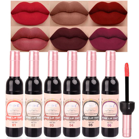 evpct 6Pcs Wine Bottle Lip Tint Matte Lipstick Sets labiales mate 24 horas originales labiales en forma de vino,Red Matte Liquid Lipstick Pack Lip Gloss Stain Set for Women long lasting smudge proof