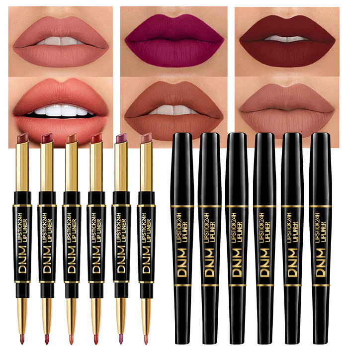 6Pcs Matte Lipstick & Lip Liner 2 in 1 Set, Waterproof Long Lasting Dark Red Mat Lipstick Gift Set with Matching Lipliner Pens