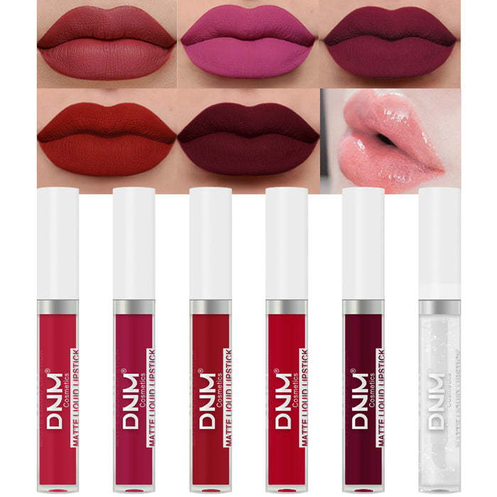 5Pcs Matte Liquid Lipstick+1Pcs Clear Lip Plumping Plumper Gloss Oil Makeup Set Kit, Long Lasting Waterproof Moisturizing Velvet High Pigmented Lipstick Lip Stain Glaze Makeup Gift Sets for Women 02