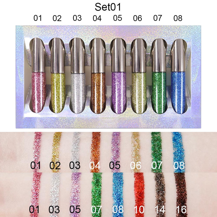 8 Colors Glitter Eyeliner Liquid Makeup Set delineadores de colores,DNM Eye Glitter Liquid Eyeliner Colorful Set Gold Silver Sparkling Shimmer Liquid Eyeliner Liner for Eyes Eyeshadow Waterproof 01