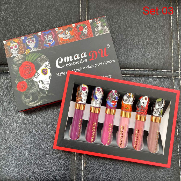 6Pcs Skull Face Matte Liquid Lipstick Set Lip Stain Makeup,24 Hour Long Lasting Waterproof Dark Red Matte Matt Lipsticks Lip Gloss Sets for Women Matt Liquid labiales matte larga duracion 24 Set03