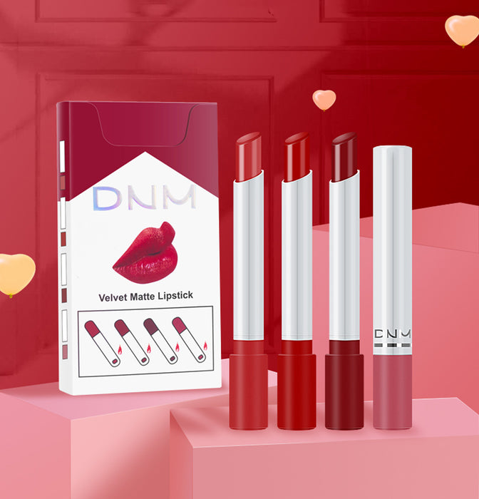 4 Pack Mini Matte Red Cigarette Lipstick Sets Lip Kit, DNM Litte Smoke Tube Moisturizing Velvet Lipstick Lip Stain Long Lasting Waterproof for Women Makeup Lipstick labiales matte larga (A-Set06)