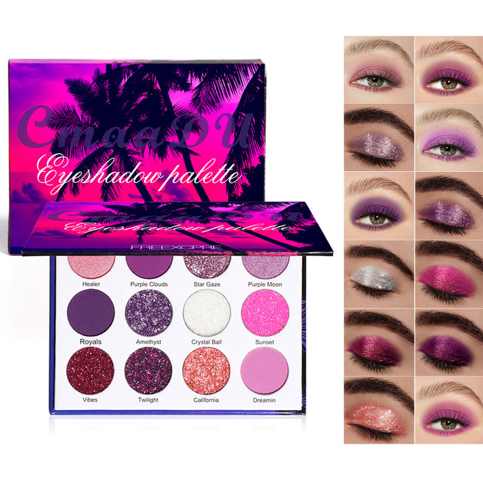 12 Colors Bright Glitter Eyeshadow Palette Natural High Pigmented Purple Pink Makeup Colorful Vibrant Make Up Pallets Kit (12 Colors Purple)