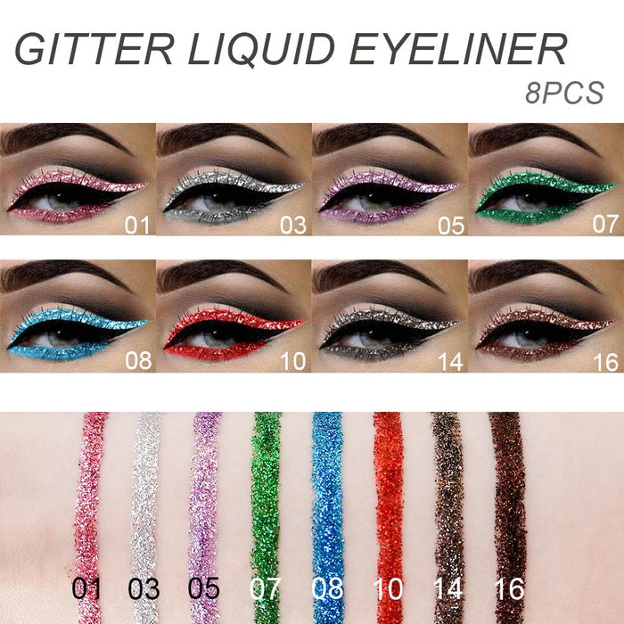 8 Colors Glitter Eyeliner Liquid Makeup Set delineadores de colores,DNM Eye Glitter Liquid Eyeliner Colorful Set Gold Silver Sparkling Shimmer Liquid Eyeliner Liner for Eyes Eyeshadow Waterproof 03