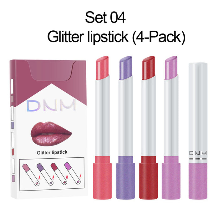 evpct 4Pack Mini Glitter Cigarette Lipstick Sets Lip Kit,Litte Smoke Tube Diamond Glitter Shimmer Sparkly Glossy Metallic Lipstick Lip Stain Long Lasting Waterproof for Women Lip Gloss (A-Set04)