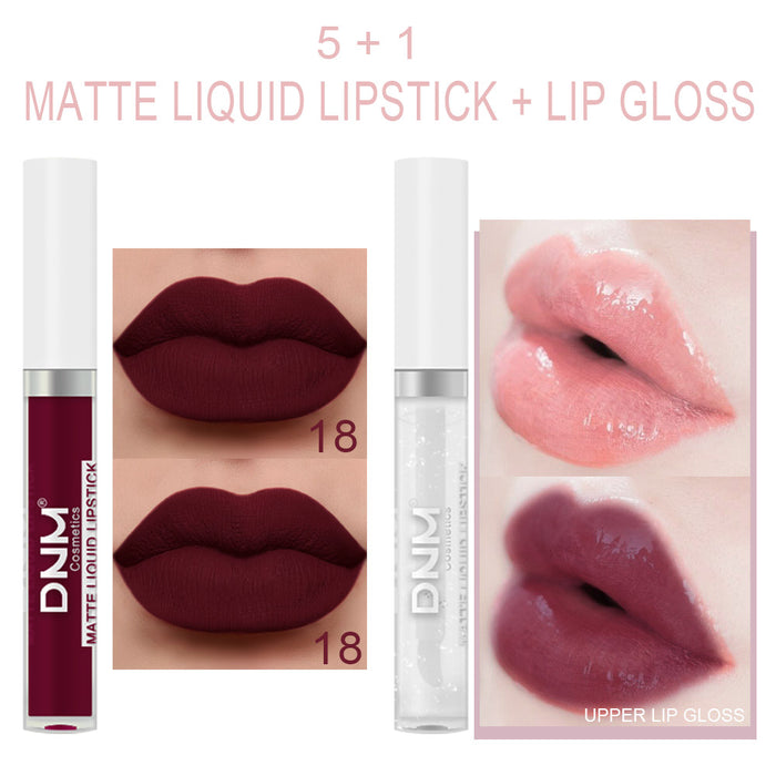 5Pcs Matte Liquid Lipstick+1Pcs Clear Lip Plumping Plumper Gloss Oil Makeup Set Kit, Long Lasting Waterproof Moisturizing Velvet High Pigmented Lipstick Lip Stain Glaze Makeup Gift Sets for Women 02